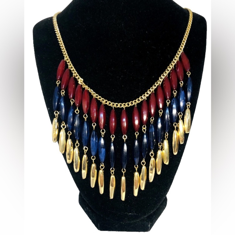 Fringe Bib Necklace in Burgundy, Navy and Gold Egyptian Revival Stule